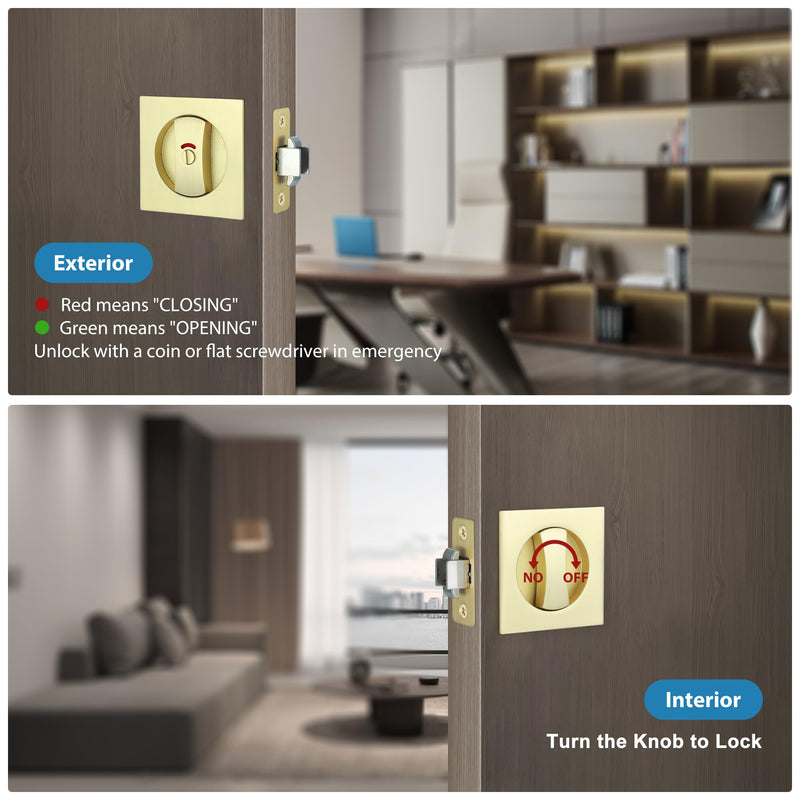 CozyTower Pocket Door Lock, Pocket Door Hardware Square Door Lock for Privacy Sliding Door Bifold Door Locks Pocket Door Pull Handles Replacement Hardware(Brushed Gold, Privacy Lock with Indicator) Brushed Gold