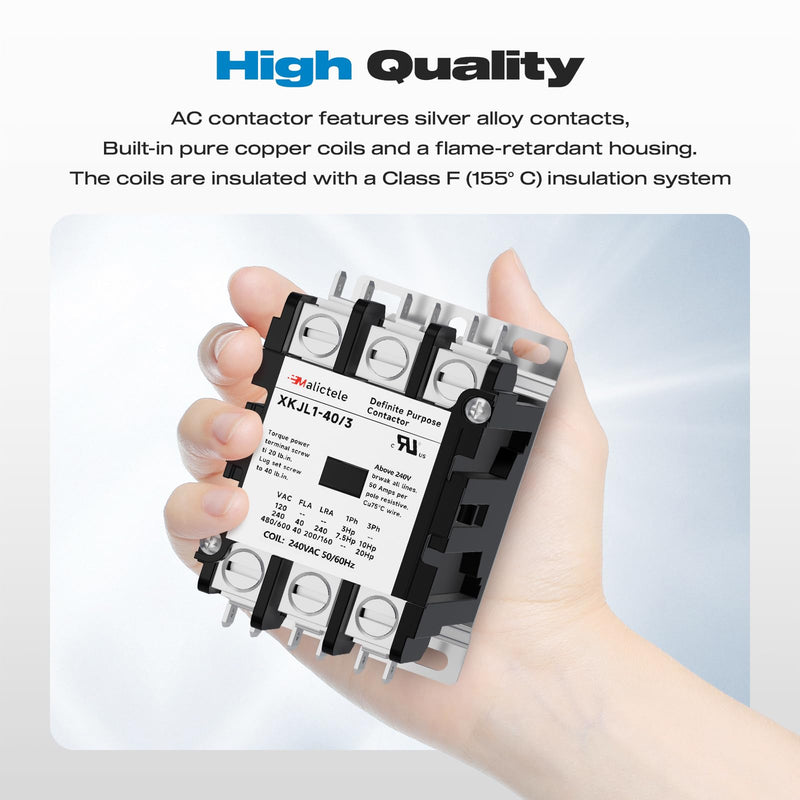 AC Contactor, Malictele 3 Pole 40 Amp Contactor 240V Coil HVAC Contactor for AC Unit Outdoor Compatible Condenser Compressors Refrigeration Systems Motors 3P 40A 208/240VAC