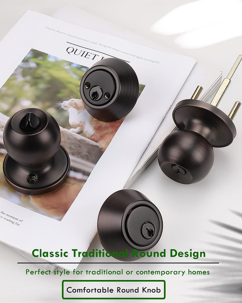 2 Pack Exterior Door Knob and Deadbolt Set, Oil Rubbed Bronze Entry Door Lock Sets with Double Cylinder Deadbolt, Security Round Style Entry Door Knobs Deadbolt 2