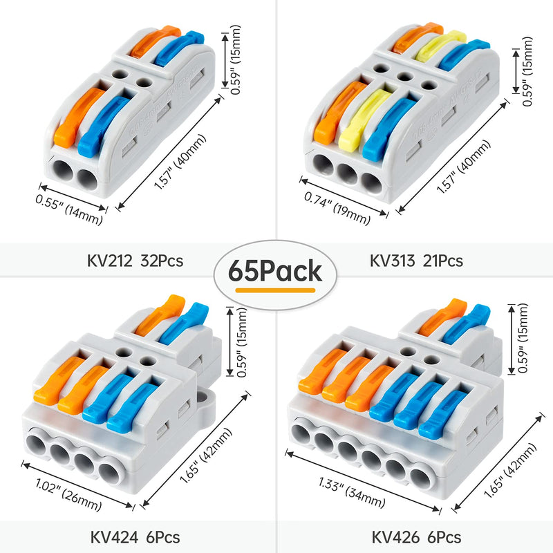 GKEEMARS 65 Pcs Compact Splicing Wire Connectors Assortment Pack, Quick Wiring Connector for AWG 28-12