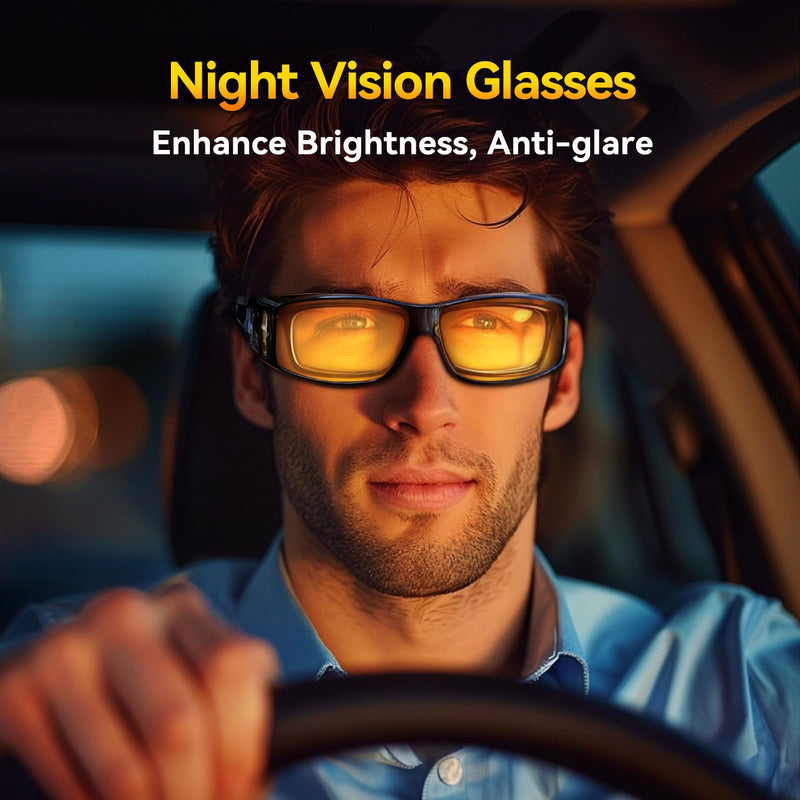 Dollger Night Vision Glasses for Women Men,Fit Over Prescription Glasses with Anti Glare Yellow Lens Night Vision Lens-2 Packs