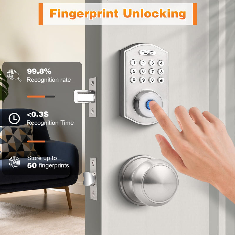 Probrico Smart Keyless Entry Door Lock with Knob Set, Fingerprint Digital Door Lock for Front Door, Door Knob with Electronic Keypad Deadbolt Lock, Auto Lock, App, Satin Nickel