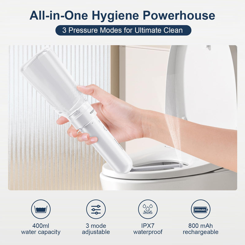Portable Travel Bidet USB-C Rechargeable 400ml 3‑Mode Adjustable Pressure | IPX7 waterproof, cordless design, clean anywhere anytime – perfect for men, women, babies & postpartum care
