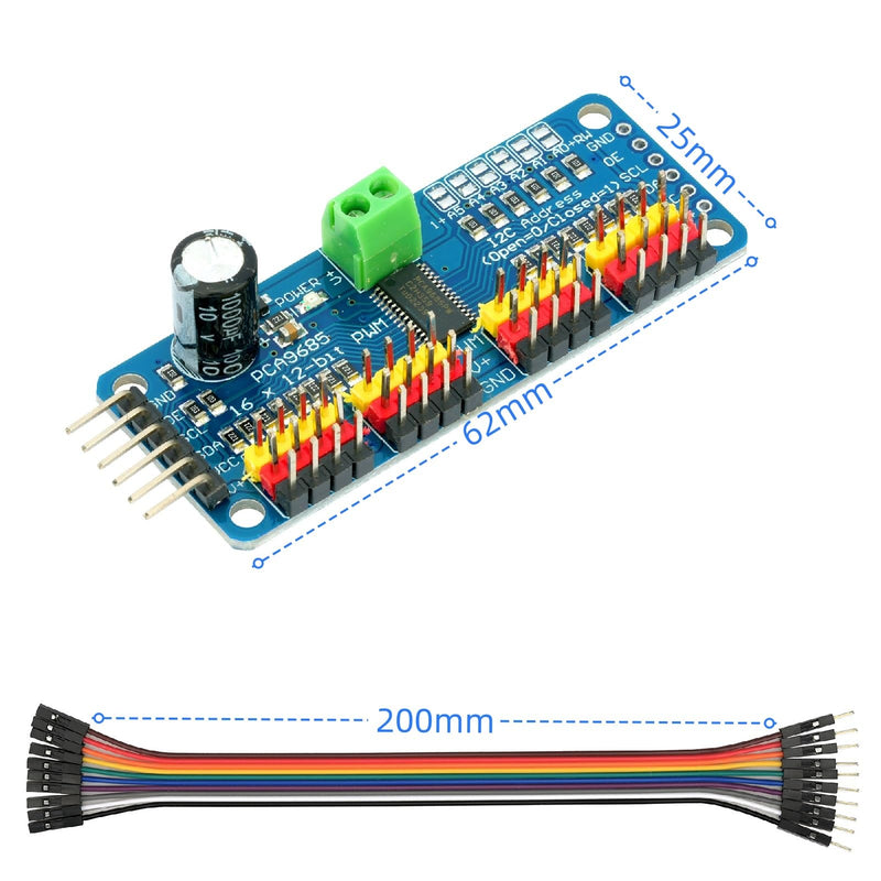 2Pcs PCA9685 16 Channel 12-bit PWM Servo Motor Controller IIC Interface Module Compatible with for Raspberry Pi Arduno Robotics DIY