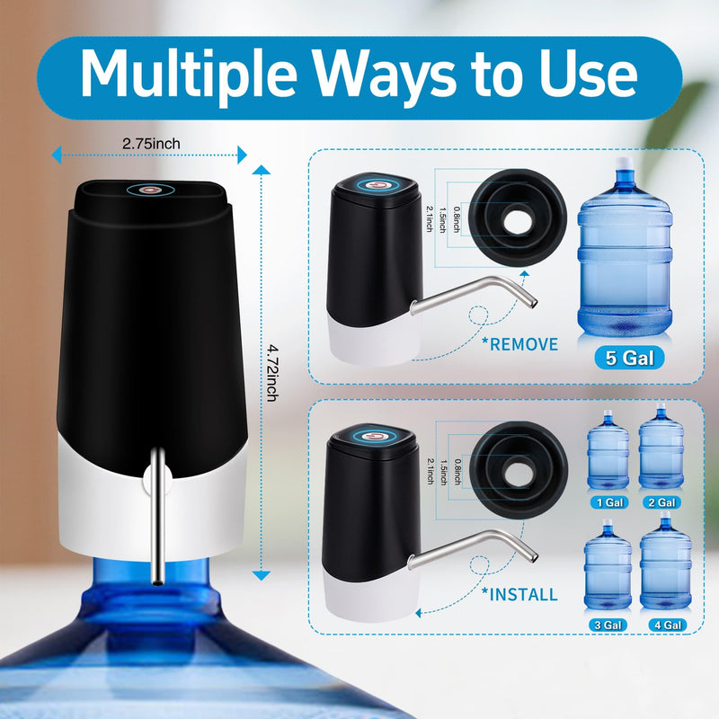5 Gallon Water Dispenser, Portable Automatic Water Jug Pump, Electric Water Bottle Pump with Switch and USB Charging,Mini Water Pump with Silicone Hose for Camping, Home, Office（Black） Black