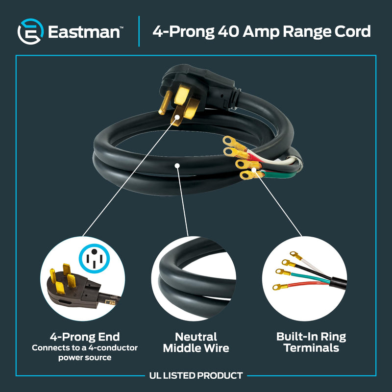 Eastman 6 Feet Electric Range Cord, 40 Amps 4-Prong Wire, 61273 6 ft.