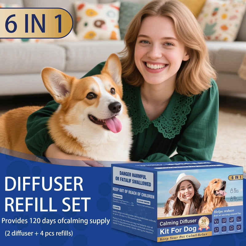 Dog Pheromone Calming Diffuser: Relaxing Pheromone Diffuser for Dogs Relief Stress Anxiety Fighting Scratching Barking, Dog Calming Pheromone Diffuser Kit with 2 Plug in Diffuser+4 Refill 48ml (6in1) 6in1