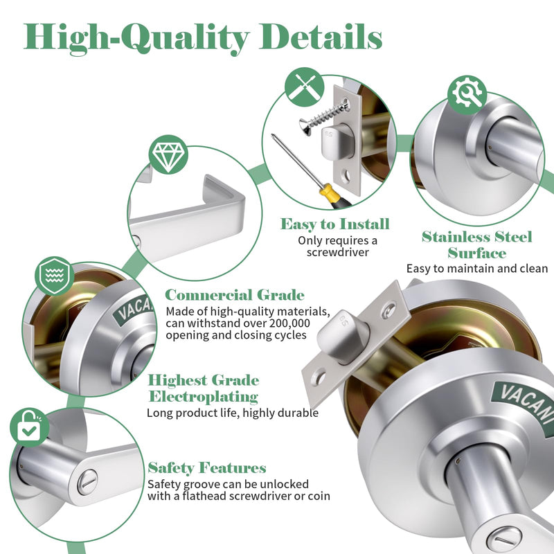 Commercial Door Handle with Lock - Vacant Occupied Bathroom Lock | ANSI Grade 2 Stainless Steel | Quick Install | Reversible Handles for Public Bathrooms/Industrial/Office/Hospital (Silver)