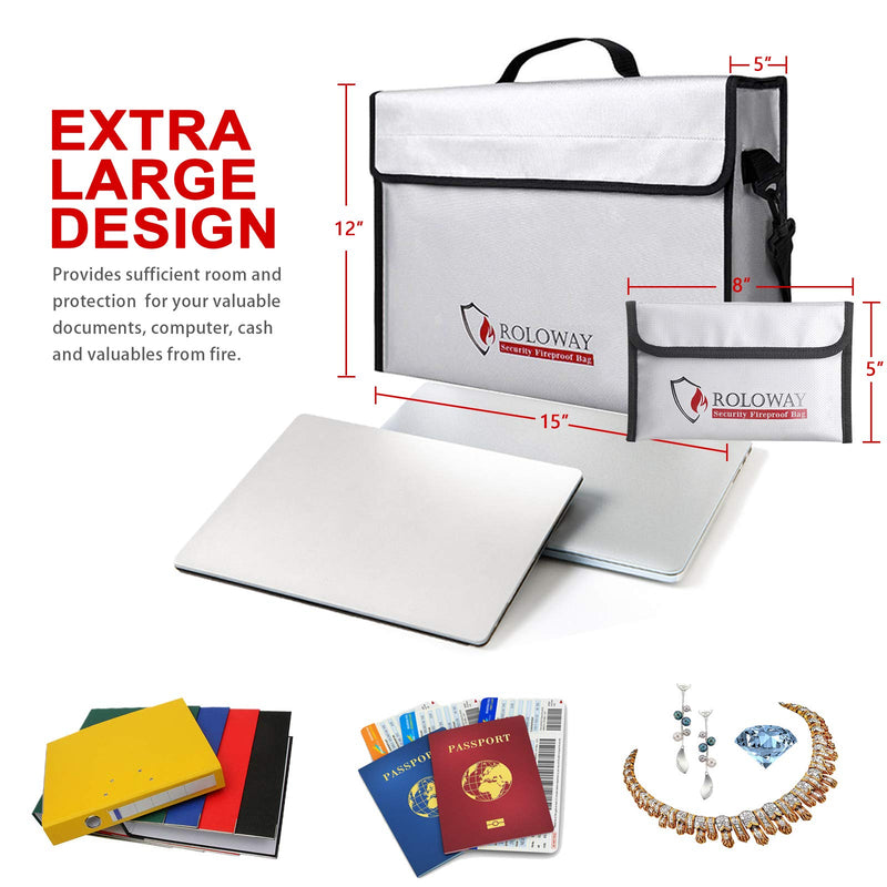 ROLOWAY Fireproof Document & Money Bags, Large Fireproof & Water Resistant Bag (15 x 12 x 5 inches), Fireproof Folder Safe Bag for Cash, Valuables & Passport, with Silicone Coating & Zipper Closure Large + Small Silver without Reflective Strip
