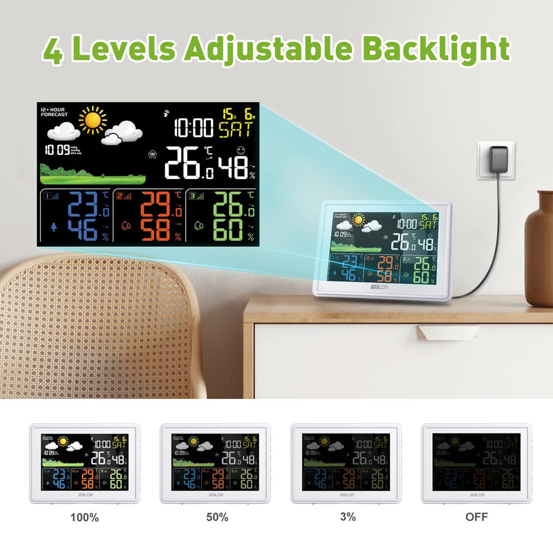 BALDR Wireless Weather Station with 3 Sensors, Color Display Digital Atomic Clocks with Indoor Outdoor Temperature White