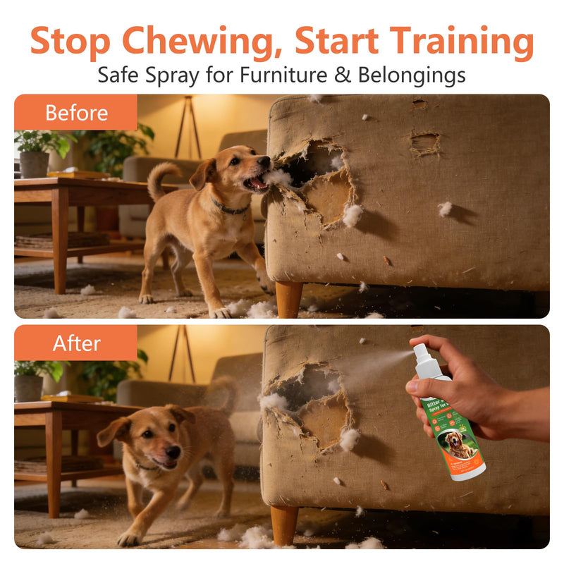 Bitter Apple Spray for Dogs, NO Chew Spray for Dogs to Protect the Furniture and Plant, Natrual Dog Deterrent Spray to Stop Dogs & Puppies from Chewing, Biting, Licking, Peeing, 150 ml/5.28oz