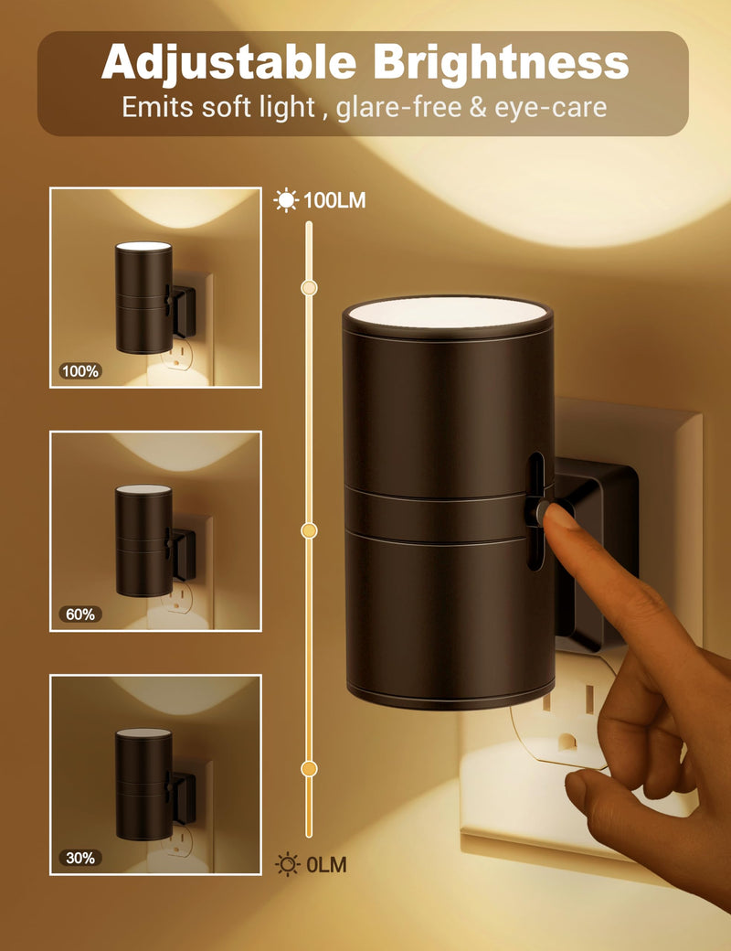 Night Lights Plug into Wall, Dimmable Night Light Plug in, Modern Night Lights with Dusk to Dawn Light Sensor, Soft White 3000K, 0-100LM Adjustable Brightness Nightlight for Hallway Bedroom, 2 Pack Warm - Black Shade