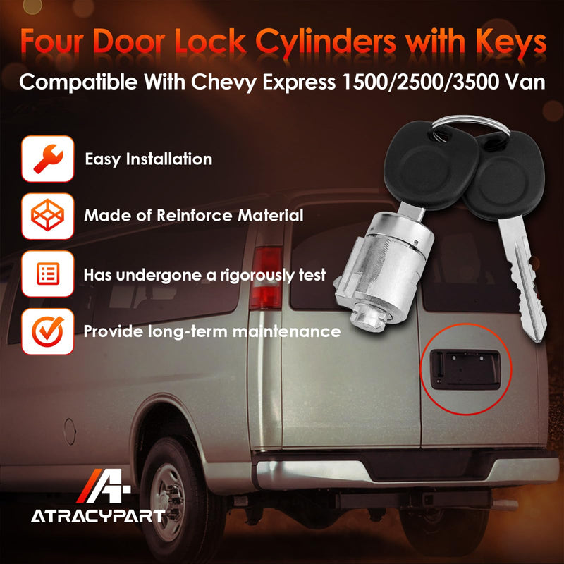 Door Lock Cylinders with 2 Keys, Compatible with 2001-2007 Chevy Express 1500/2500/3500 Van, Replace OE#: 706591 X4, 598007 X2
