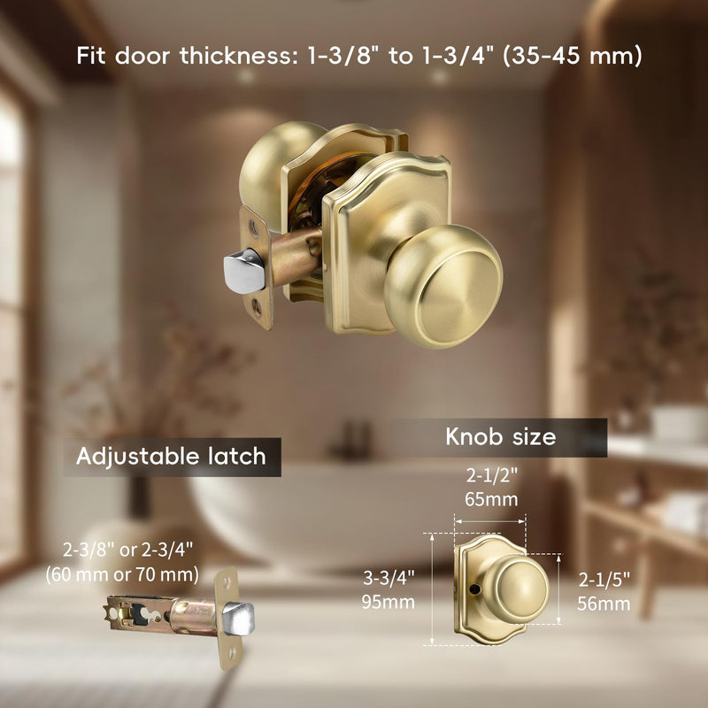 3 Pack Gold Door Knobs with Camelot Trim,Interior Door Knob with Lock,Coastal Door knob for Hall & Closet, Satin Brass 3 Passage