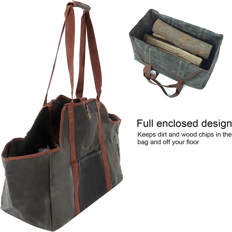 Green Leather Indoor Fireplace Log Holder - Wood Carrier for Firewood Rack & Tote Green