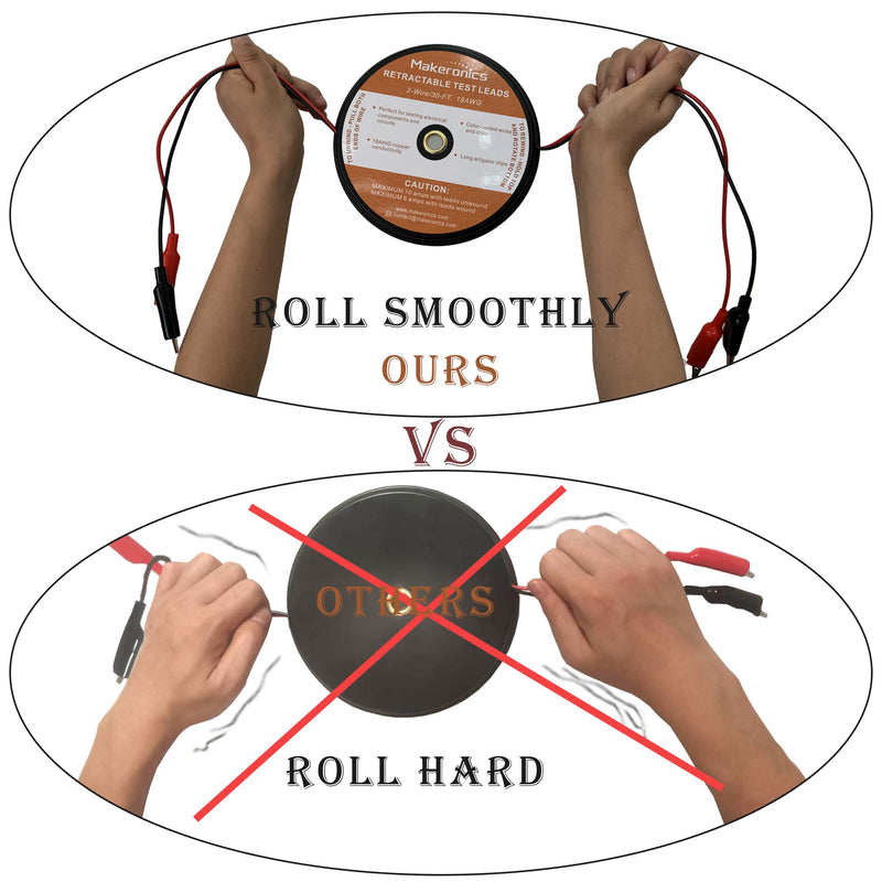 Makeronics 2 Wires 30FT 18AWG Retractable Test Leads with Cable Bag Dual Ended Electrical Alligator Clips Test Probe Lead Wire Cables for Circuit Connection/Electrical Testing and Troubleshooting