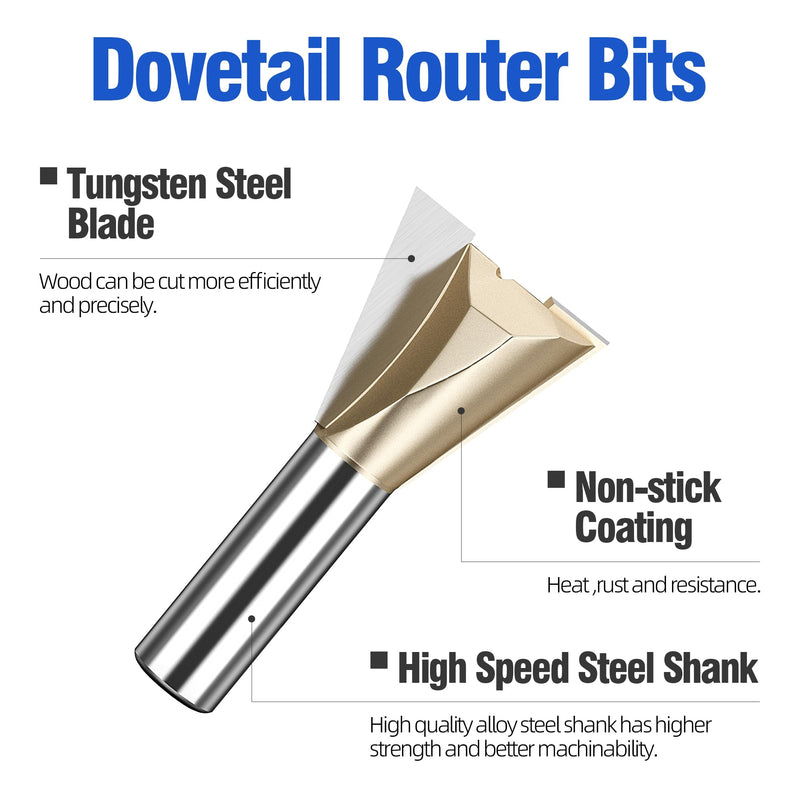 HUHAO 1/2 Inch Shank Dovetail Router Bit,1-1/4" Dia Half-Blind & Through Dovetail Bits Carbide Wood Joints Cutter Tool for Making Boxes Drawers Chests 1/2*1-1/4