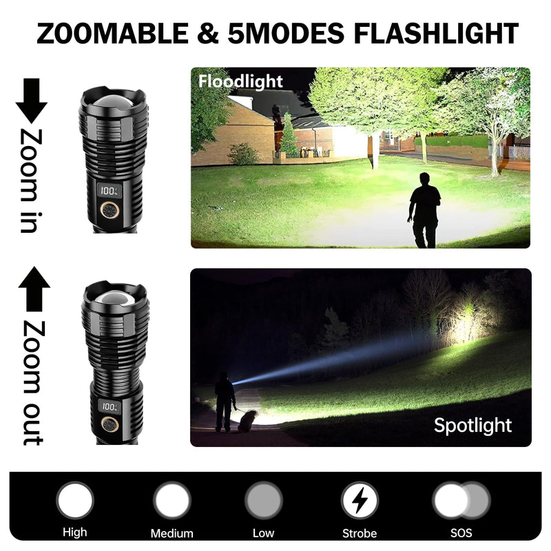 Flashlights High Lumens Rechargeable, 990000LM LED Super Bright Flash Light, Zoomable Linternas with LCD Digital Display, 5 Modes, Waterproof, Powerful Tactical Flashlight for Emergencies Camping Gift Black