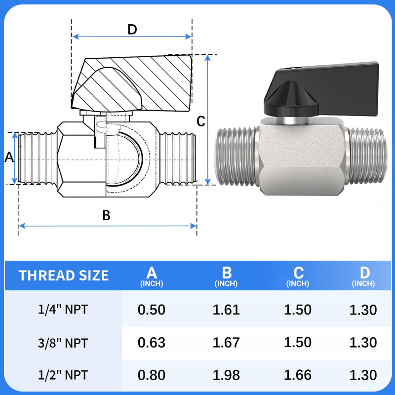 ChillWaves Brass Mini Ball Valve, Shut Off Switch Ball Valve 1/4" NPT Male x 1/4" NPT Male Thread Pipe Fitting(4-PACK) 1/4" MNPT x 1/4" MNPT PACK OF 4