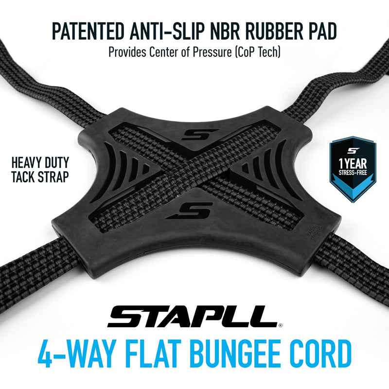 Tack Strap – 4-Way Flat Bungee Cord with Rubber Pad Grip, Non-Slip Tie Down Straps for Motorcycle, ATV, Kayak, Cycling, Camping, Truck Storage, Adjustable Bungee Cords - 2 Pack (Blue) Blue