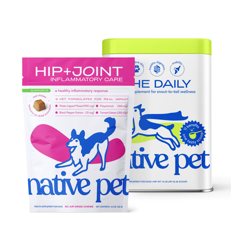 Native Pet Health & Mobility Bundle: Relief Chews for Dogs (60 Air-Dried Chews) & The Daily Dog Multivitamins (60 Scoops) Anti-Inflammatory for Strong Joints & 11-in-1 Multivitamin for Pups of All Age