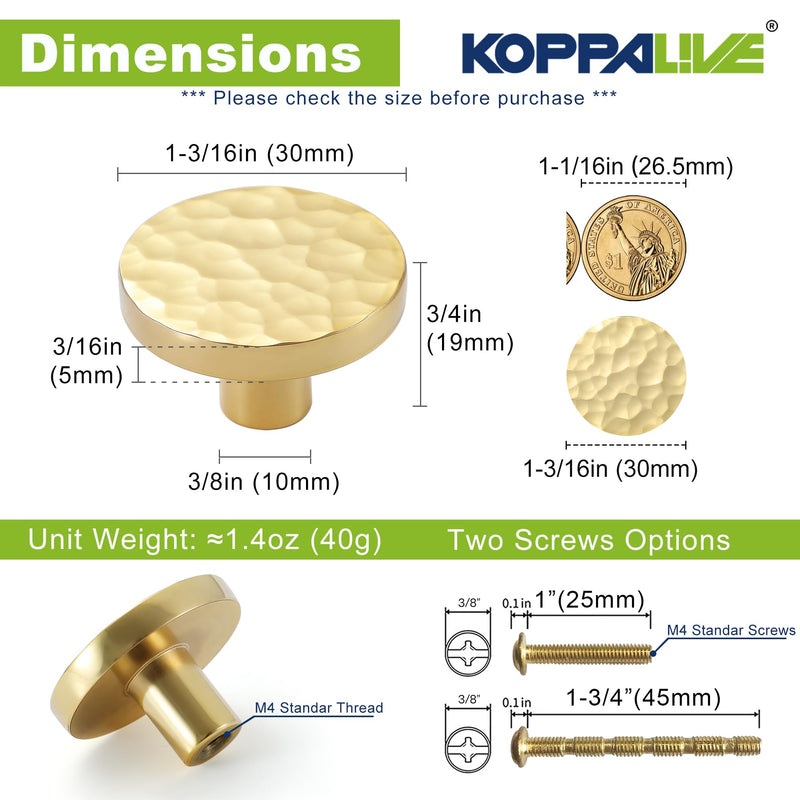 10-Pack Modern Gold Cabinet Knobs, Hammered Solid Brass Drawer Knobs, Round Dresser Drawer Pulls and Handles, Kitchen Cabinet Hardware, Diameter 1-3/16 Inch 10 Shiny Hammered Gold