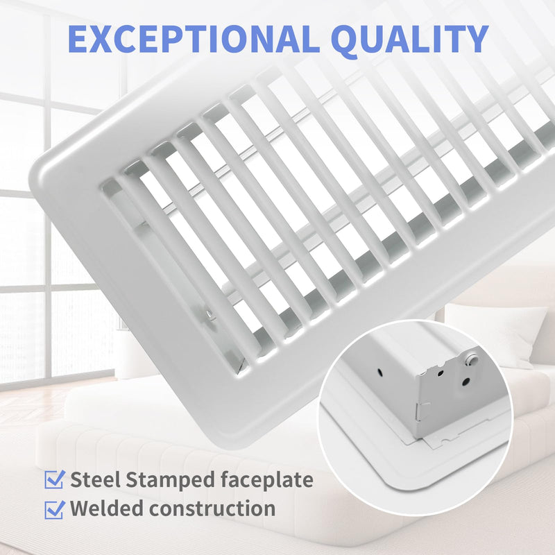 4" x 10" Floor Register - Heavy Duty Steel Walkable Floor Vents - Easy Adjust Air Supply Lever - Vent Covers for Home (White) 4x10 Inches White