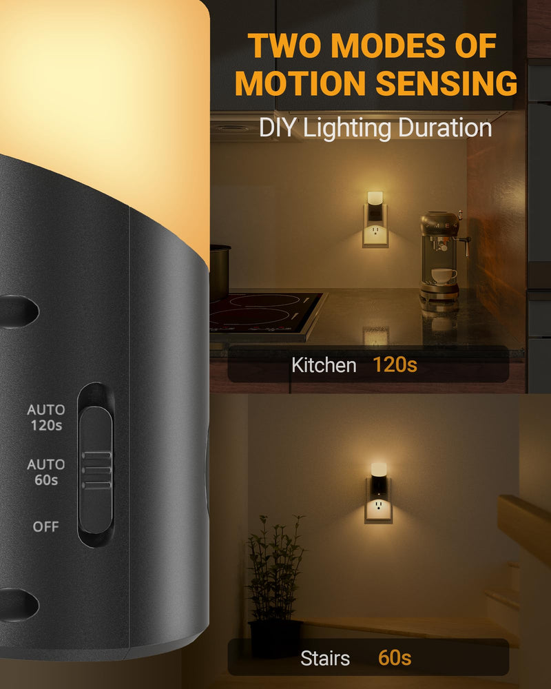 Lyridz LED Night Lights Plug into Wall with Motion Sensor, 1-150LM Dimmable Plug-in Nightlight Indoor for Bedroom, Bathroom, Hallway, Stairs, Pet House, Toilet, 2 Pack Black