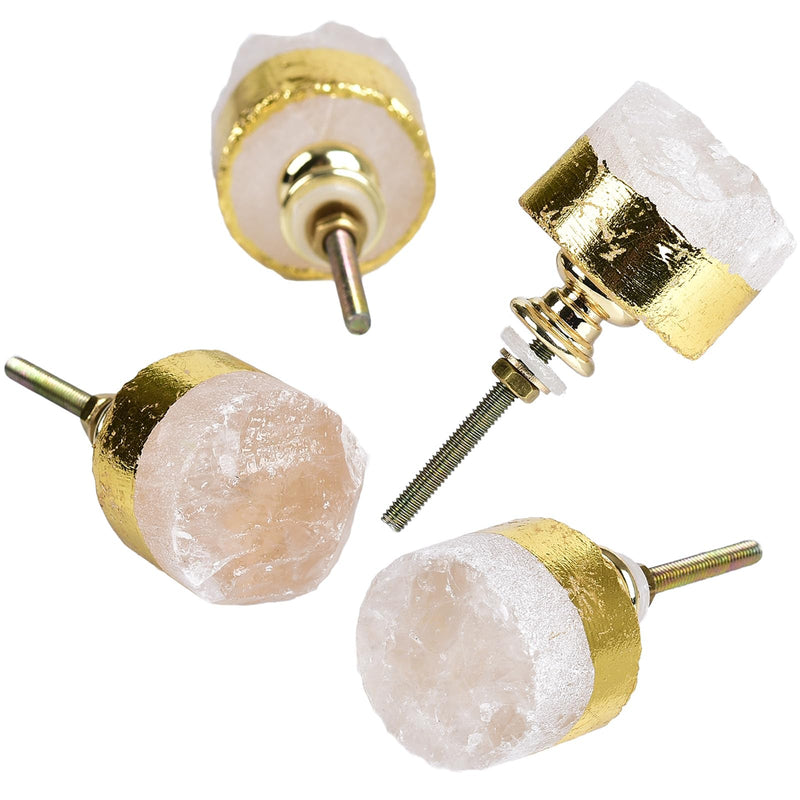 JIC Gem 4 Pack Clear Quartz Crystal Cabinet Knobs Gold Plated Drawer Pulls Home Office Decor Clear Quartz, 4pcs