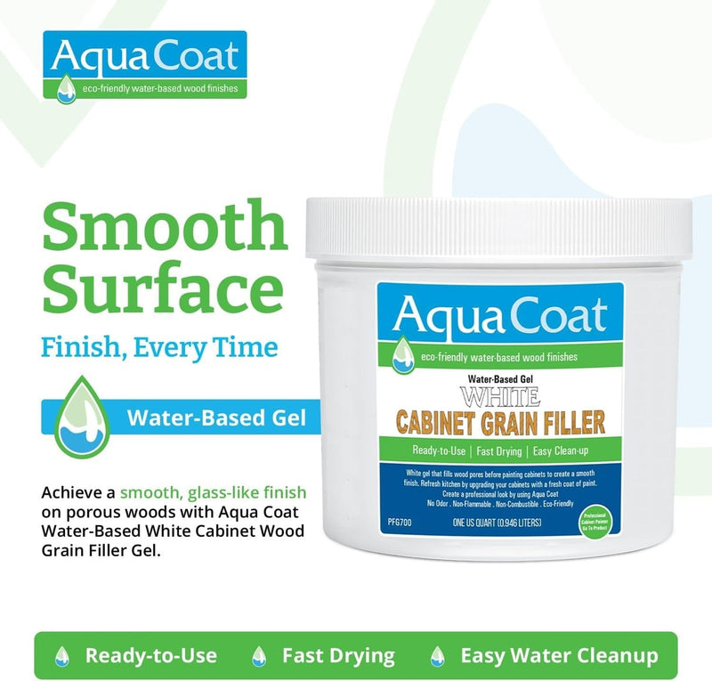 Aqua Coat White Water-Based Cabinet Wood Grain Filler Gel – Low Odor, Fast Drying White Wood Filler, Paintable & Sandable for Interior & Exterior Repairs, Upgrades & Restorations – 32 oz Quart