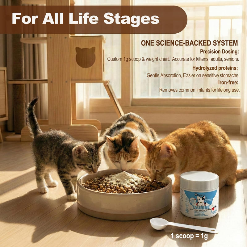 Taurine for Cats with 30% Whole Goat Milk, 0% Maltodextrin Iron-Free Cat Taurine Supplement for Cardiac & Vision Support, Hydrolyzed Protein Amino Acid Powder for Picky Felines - 200g