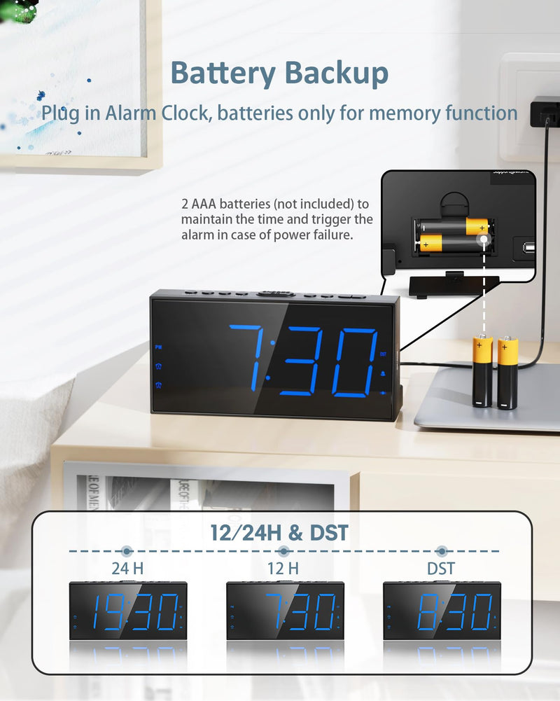 Roxicosly Loud Alarm Clock with Bed Shaker, Vibrating Alarm Clock for Heavy Sleepers/Hard of Hearing/Deaf,Dual Alarms, 7.5’’ Large LED Display, Dimmer, USB Charging Port, Plug-in with Memory Function with Bed Shaker & Thin Font Blue Digits, Thin Font