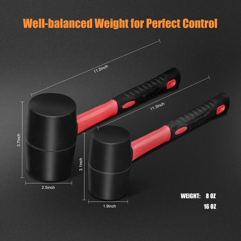 Fiberglass Handle Rubber Mallet Hammer Set, 8 OZ and 16 OZ, Soft Blow Tasks without Damage, Black with Red, 2 Packs