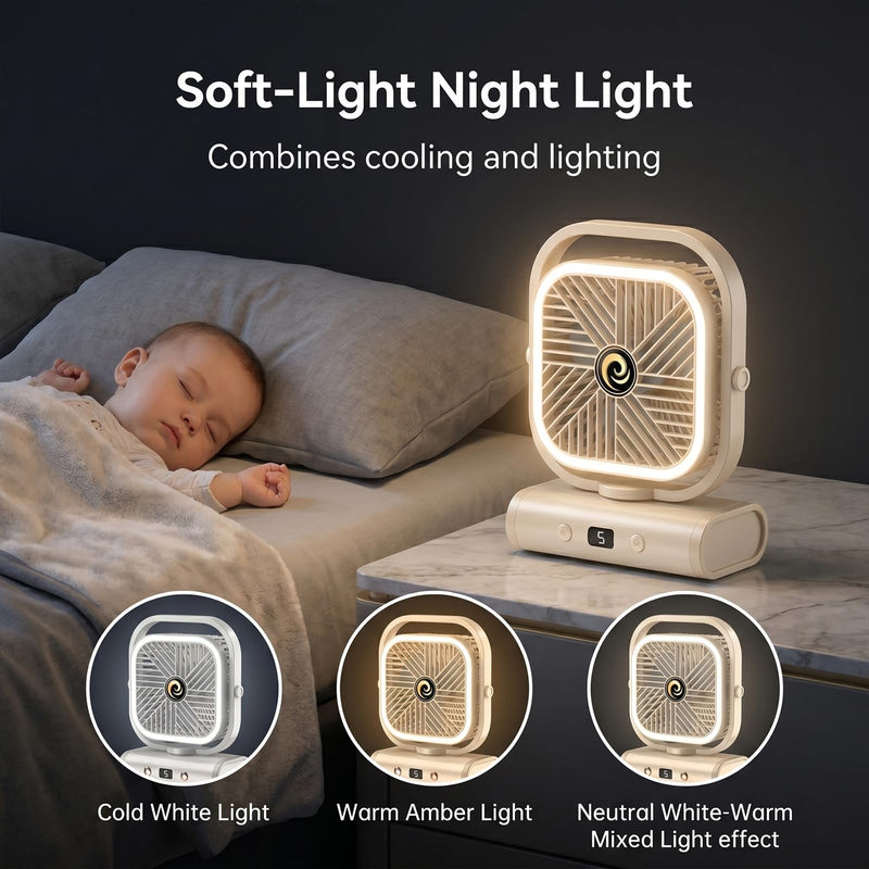 USB Desk Fan for Bedroom, 5 Speeds Quiet Table Fan with 90° Oscillating, 2400mAh Rechargeable Battery Small Desktop Fan for Home Office Travel,Night Light (White) White