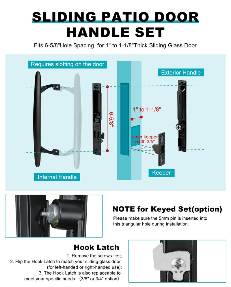Sliding Patio Door Handle Set, Non-Keyed Black Diecast Replacement Handle, Fits 1" to 1-1/8" Thick Sliding Glass Doors, 6-5/8" Hole Spacing, Non-Handed Reversible Design 6-5/8" H.C Non Keyed