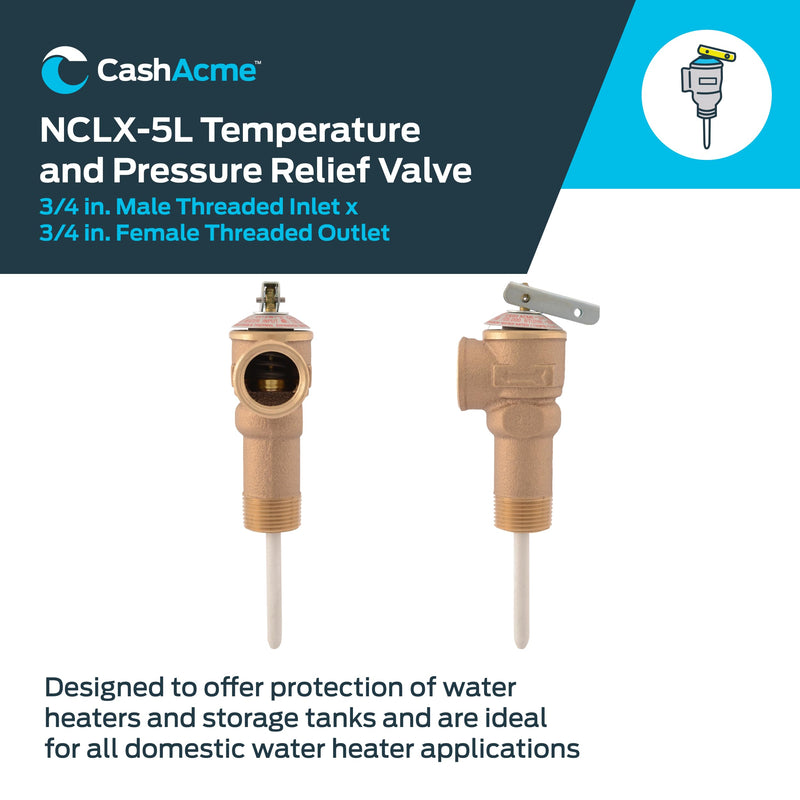 Cash Acme 3/4 Inch NCLX-5L Temperature and Pressure Relief Valve, Push to Connect Brass Plumbing Fittings, Copper, CPVC Pipe, 150 PSI, 18821-0150
