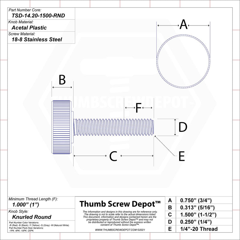 1/4"-20 x 1-1/2" Thumb Screw Stainless Steel - Red Knurled Round Plastic Knob - Standard/Coarse Thread Thumbscrew - Length: 1.500" - Proudly Built in USA - Package of (25) 25