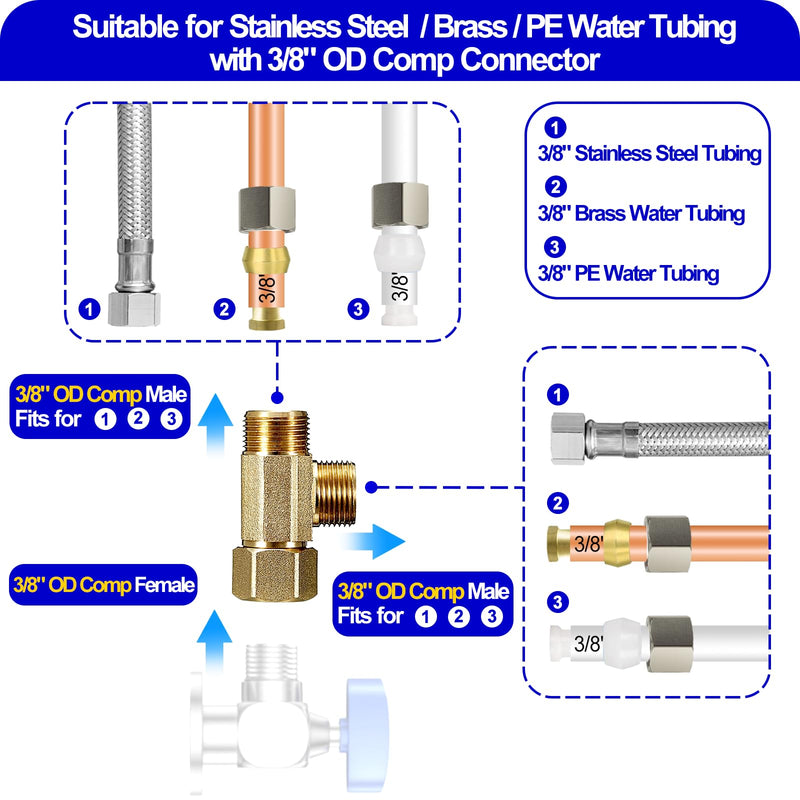 Add-A-Tee,Lead-Free Angle Stop Valve Tee 3/8" Compression Inlet x 3/8" Outlet x 3/8" Outlet，Brass Extender Tee Connector with Built-in Sealing Gasket for Faucet,Glass Rinser,Dishwasher,Toilet Tank 3/8 Comp-3/8 Comp-3/8 Comp Tee(1Pcs)