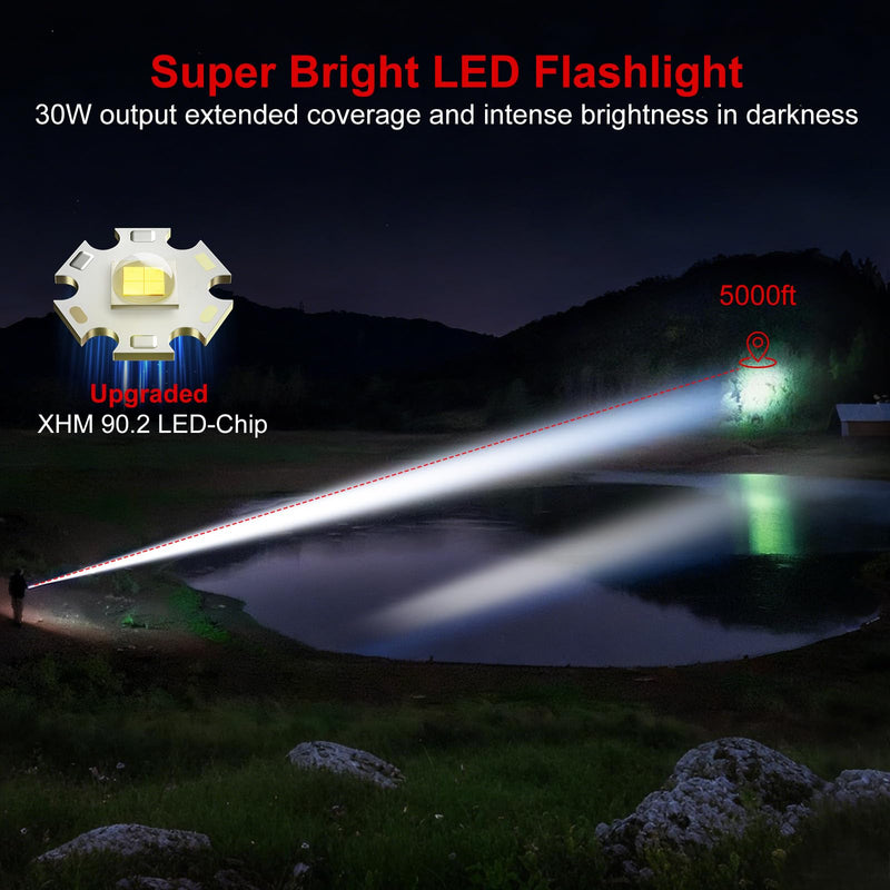 Flashlight 20000 High Lumens Rechargeable - 2 Pack 30W Super Bright LED Flash Light | 24H Long Lasting & 5000ft Beam USB C High Powered Handheld Police Flashlight for Home/Camping/Hiking/Emergency Black