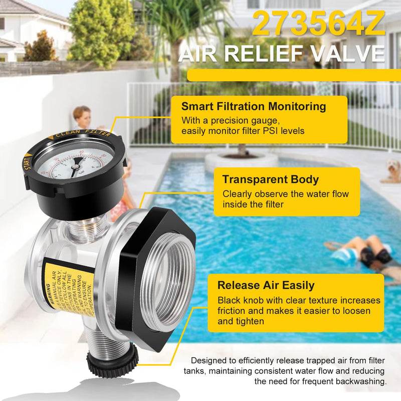273564Z Manual Air Relief Valve for Triton II & C, TR100C & TR140C Pool Filters - Replacement Air Valve Assembly with Pressure Gauge - Fits DE and Sand Filter Systems