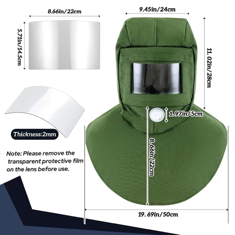 Jecery 2 Pack Sand Blasting Hood Mask with Replacement PC Lens Canvas Shawl Cap for Polishing Painting Dusting Grinding (Short,Green) Short Green