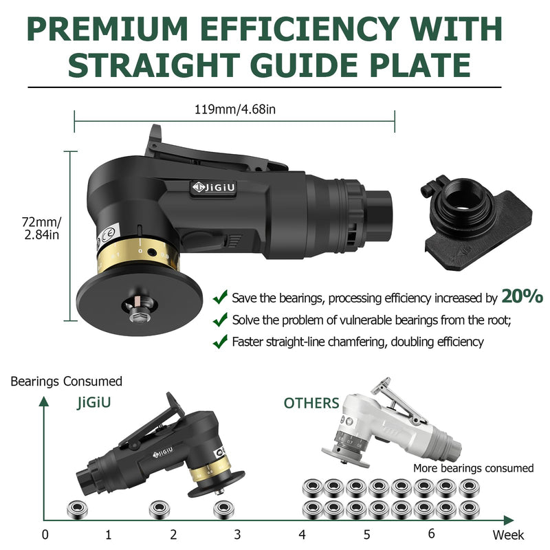 Upgraded Air Chamfer Tool with Straight Guide Plate Mini Pneumatic Chamfering Machine 30000RPM 45°Pneumatic Beveling Machine 0.1-0.9mm Depth Adjust with 1/4 Inch Air Inlet for Metal Wood-Black Black