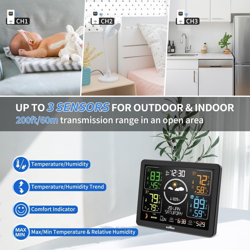 Weather Stations Wireless Indoor Outdoor Thermometer with Multiple Sensors, 7.5" VA Display Weather Forecast Station with Atomic Clock, Temperature, Humidity and Adjustable Backlight for Home Black-Basic Weather Station