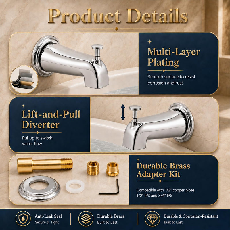 5.3" Chrome Bathtub Spout with Diverter, All-Metal Replacement Kit