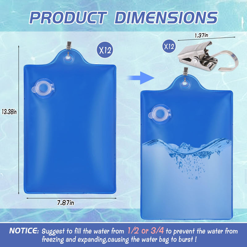12 Pcs Boat Cover Weights with Holder Clips, Thick PVC Marine Grade Weights Water Bags for Boat Mooring Above Ground Swimming Pool Car RV Cover