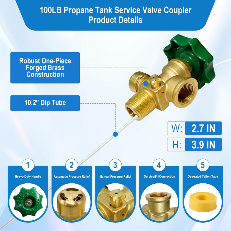 Propane Adapter,100LB Propane Vapor Tank Service Valve Coupler with Manual Bleeder Valve, POL Connection, Heavy Handle & 10.2" Dip Tube–Fits for Grills, Heaters, RVs, Fryers & Outdoor Propane Setups.