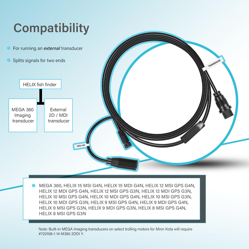 720107-1 9 M360 2DDI Y - MEGA 360 & 2D/MDI 7-pin Transducer Adapter Cable Y Cable Compatible with MEGA 360 and Helix 8/9/ 10/12/ 15 Fishfinder