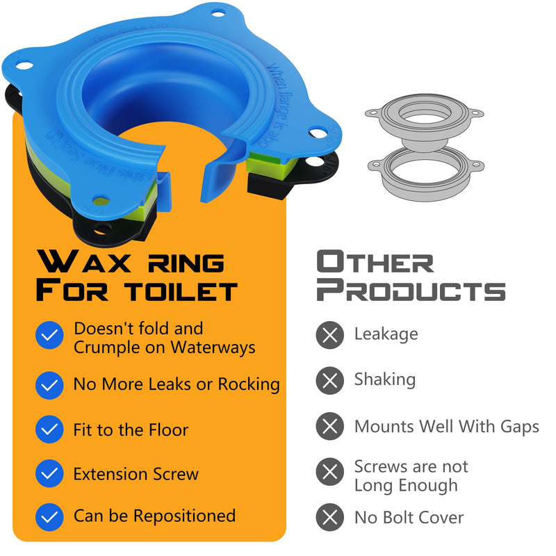 Toilet Flange Repair Kit, Universal Toilet Seal Parts For Wax Seal, Rubber Gasket Ring, Wax-Free Toilet Bowl Replacement kit Include Premium Nuts, Washers, 3.26Inch Bolts, Bolt Caps Blue