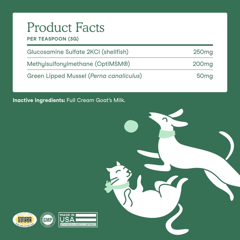 Fera Pets Goat Milk - Cat & Dog Hip and Joint Support with Glucosamine, MSM & Green Lipped Mussel - Supports Flexibility, Mobility & Bone Health - for Picky Eaters - 60 TSP Hip & Joint
