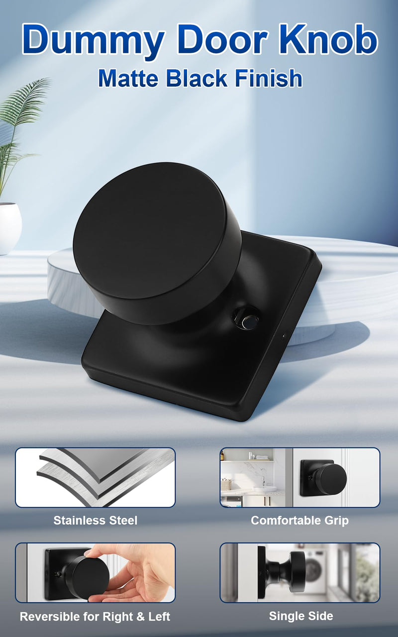 Probrico Dummy Door Knob Matte Black Finish, 2 Pack Standard Size Interior Door Handles Single Sided Dummy Door Handles, Flat Ball Knob for Closet